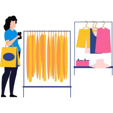 Chica comprando ropa de su marca favorita.  Ilustración