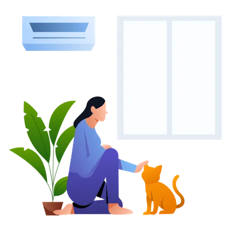 Chica con gato acariciando  Ilustración