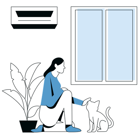 Chica con gato acariciando  Ilustración
