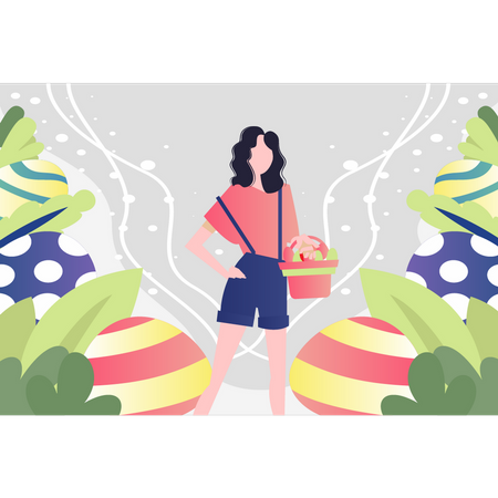 Chica con canasta de huevos de Pascua  Ilustración