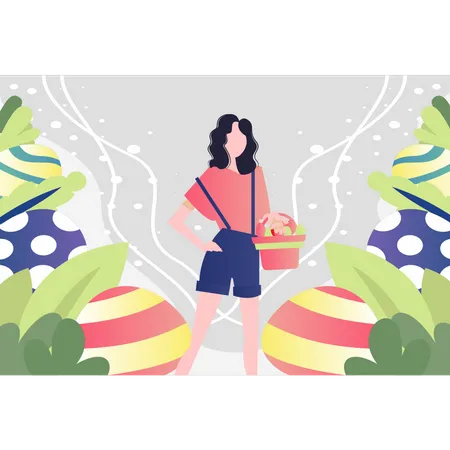 Chica con canasta de huevos de Pascua  Ilustración