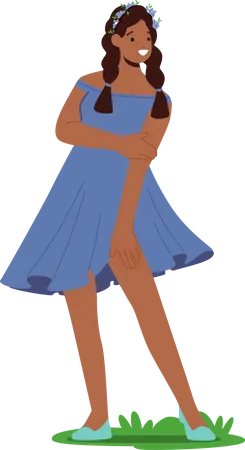 Chica Con Corona De Flores Y Vestido Azul  Ilustración