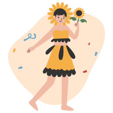 Chica vestida con disfraz de girasol  Ilustración