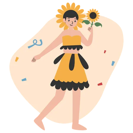 Chica vestida con disfraz de girasol  Ilustración