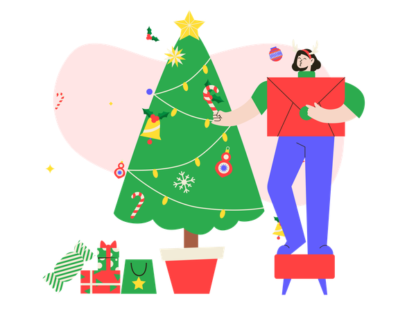 Chica con traje de Navidad decorando el árbol de Navidad  Ilustración