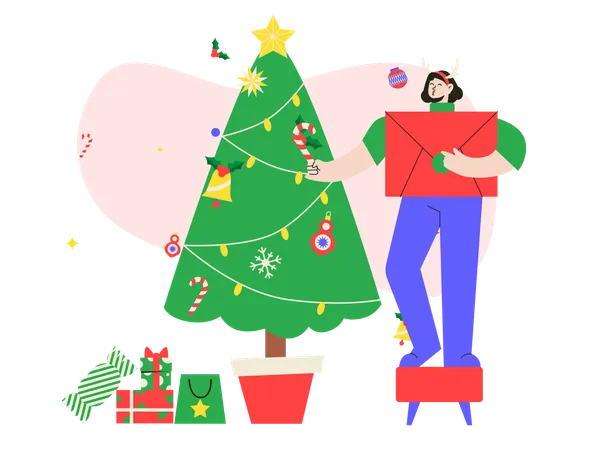 Chica con traje de Navidad decorando el árbol de Navidad  Ilustración