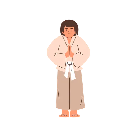 Niña con kimono y cinturón blanco  Ilustración