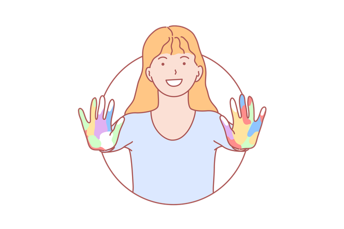 Una joven con las manos coloridas abiertas  Ilustración
