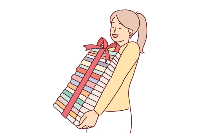 Chica con libros con lazo de regalo se regocija ante la oportunidad de adquirir conocimientos  Ilustración