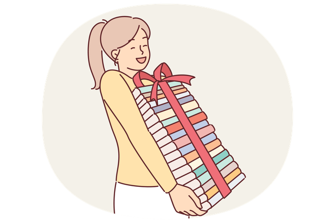 Una niña con libros con lazo de regalo se regocija por la oportunidad de adquirir conocimientos y leer nueva literatura.  Ilustración