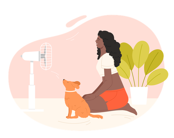 Chica con mascota enfriándose en el ventilador eléctrico que sopla  Ilustración