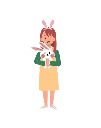 Una niña con orejas de conejo sostiene abrazando a un adorable conejito  Ilustración