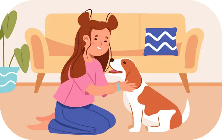 Niña con perro mascota  Ilustración