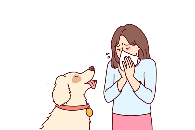 Niña con perro sufre alergias  Ilustración