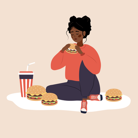 Chica con problema extremo de comer en exceso  Ilustración