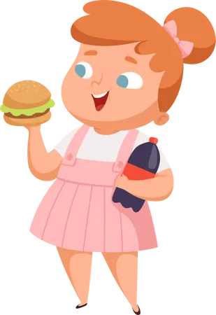 Niña con sobrepeso comiendo hamburguesa  Ilustración