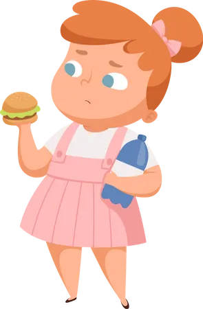 Niña con sobrepeso comiendo hamburguesa  Ilustración