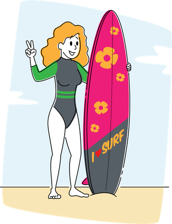 Chica joven con tabla de surf en las manos de pie en la playa de arena Mostrar gesto de victoria  Ilustración