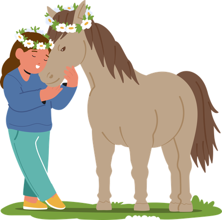 Una niña con una sonrisa radiante y una corona de flores cuida tiernamente a su caballo en el campo de verano  Ilustración