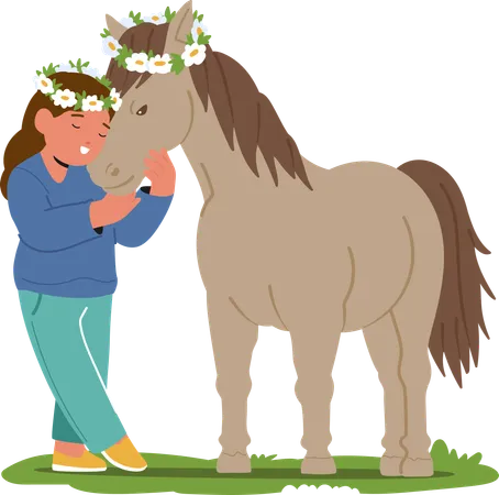 Una niña con una sonrisa radiante y una corona de flores cuida tiernamente a su caballo en el campo de verano  Ilustración