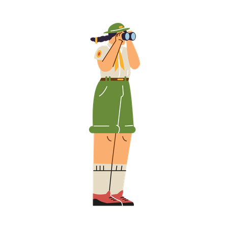 Niña con uniforme de explorador mirando a través de binoculares  Ilustración