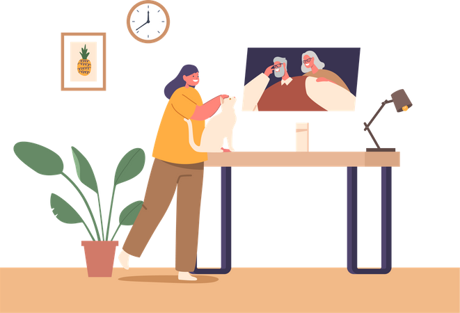 Niña se conecta con sus abuelos a través de videoconferencia  Ilustración