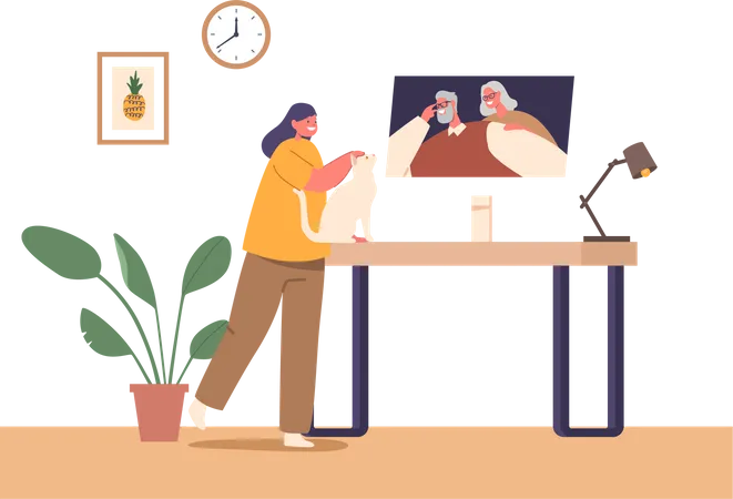 Niña se conecta con sus abuelos a través de videoconferencia  Ilustración