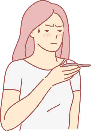 Chica controlando la temperatura de la fiebre usando un termómetro digital  Ilustración