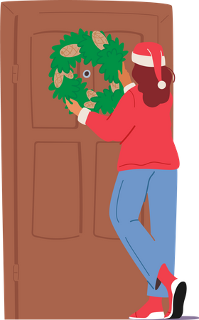 Chica colgando corona en la puerta principal durante la Navidad  Ilustración