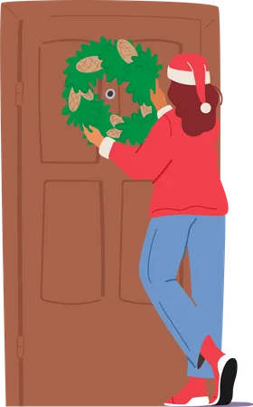 Chica colgando corona en la puerta principal durante la Navidad  Ilustración