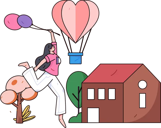 Niña corriendo con globos  Ilustración