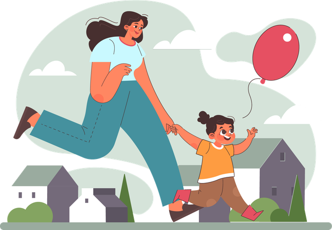 Niña corriendo con su madre para atrapar un globo  Ilustración