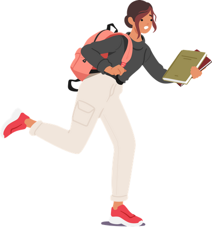 Chica corriendo con mochila y un montón de libros en las manos llegando tarde a las lecciones en la universidad  Ilustración