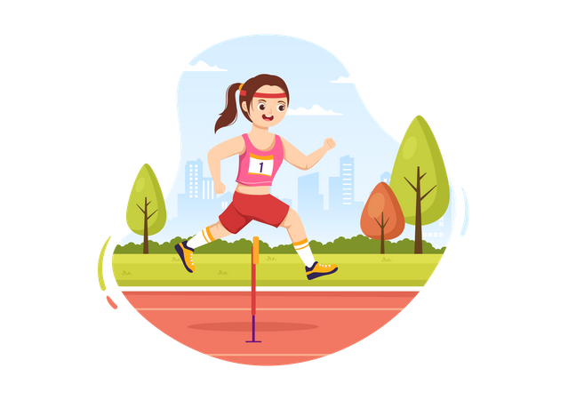 Chica corriendo en carrera de obstáculos  Ilustración