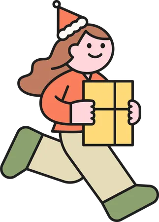 Niña corriendo mientras sostiene un regalo de Navidad  Ilustración