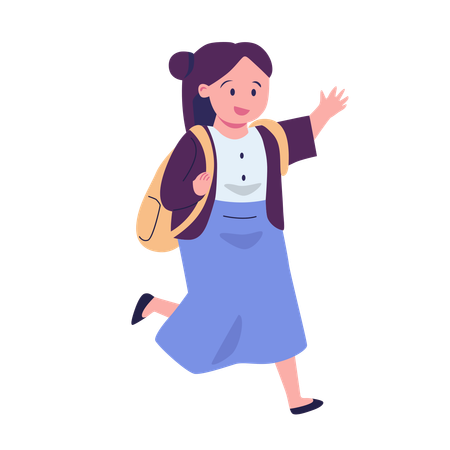 Niña corriendo y agitando la mano con mochila escolar  Ilustración