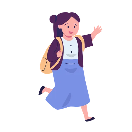 Niña corriendo y agitando la mano con mochila escolar  Ilustración