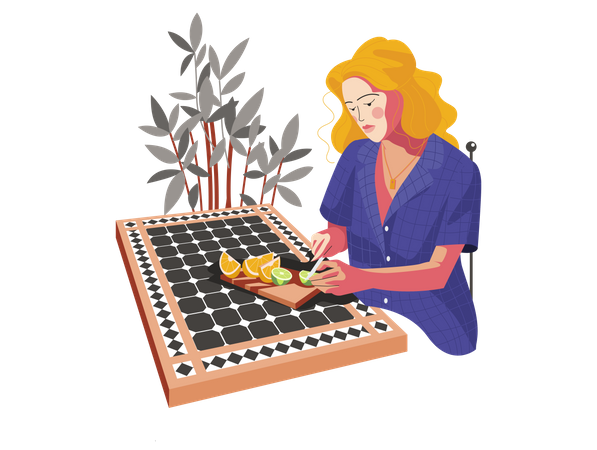 Chica cortando frutas  Ilustración