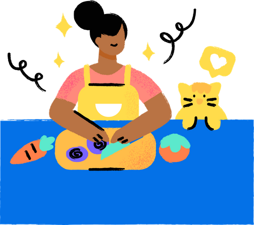 Chica cortando verduras en la cocina  Ilustración