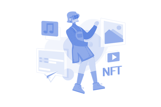 Niña creando arte NFT usando tecnología virtual  Ilustración