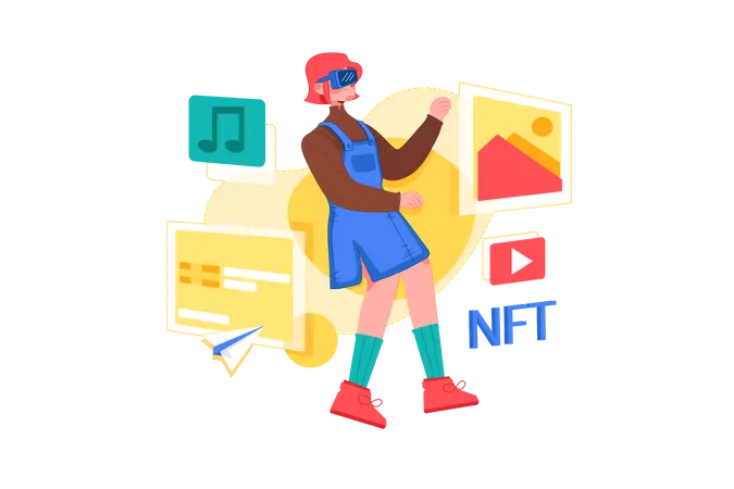 Niña creando arte NFT usando tecnología virtual  Ilustración