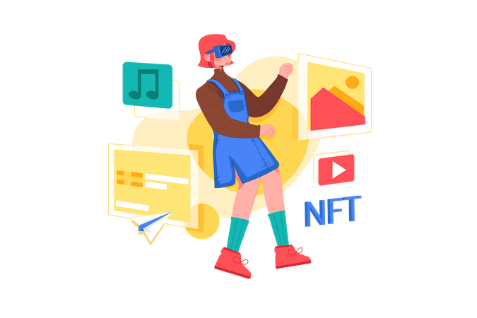 Niña creando arte NFT usando tecnología virtual  Ilustración