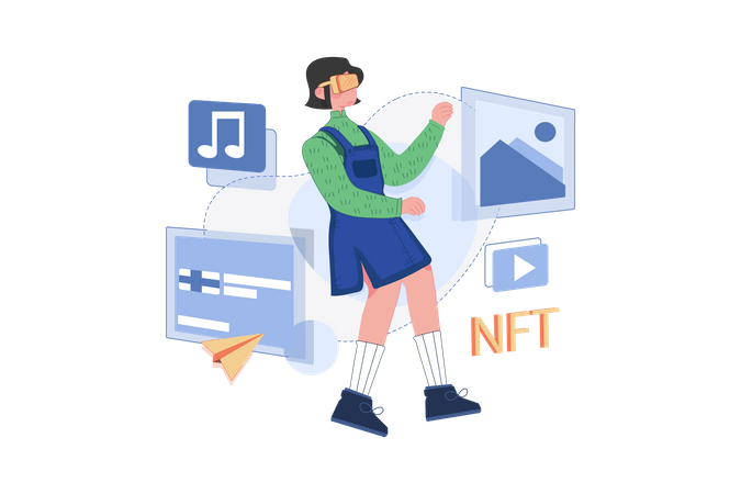 Niña creando arte NFT usando tecnología virtual  Ilustración