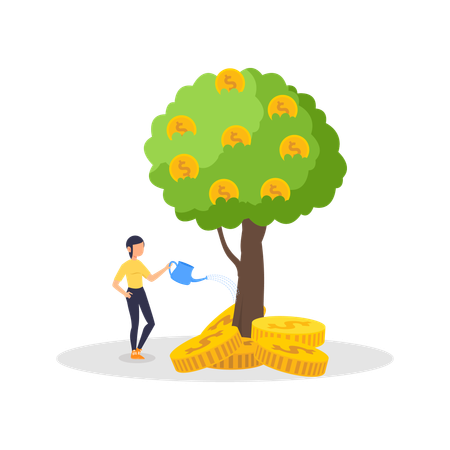 Chica dando agua al árbol del dinero  Ilustración