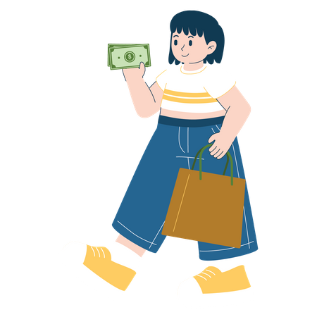 Chica dando dinero en efectivo y sosteniendo compras  Ilustración