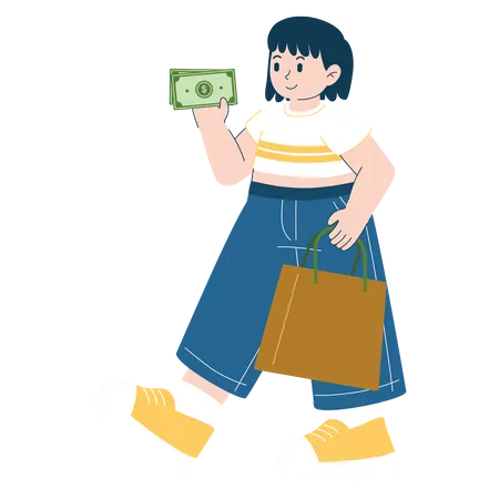 Chica dando dinero en efectivo y sosteniendo compras  Ilustración