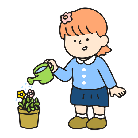 Niña de jardín de infantes regando una flor  Ilustración