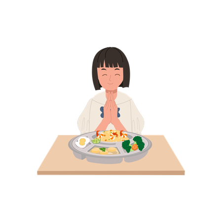 Niña de la escuela en uniforme rezando antes de comer la bandeja del almuerzo  Ilustración