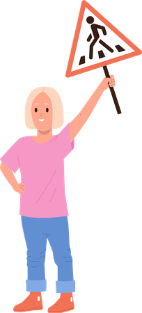 Niña de la escuela sosteniendo la señal de tráfico de la carretera de cruce de peatones  Ilustración