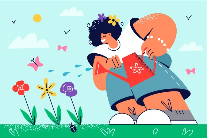 Chica de pelo rizado regando planta de flores  Ilustración